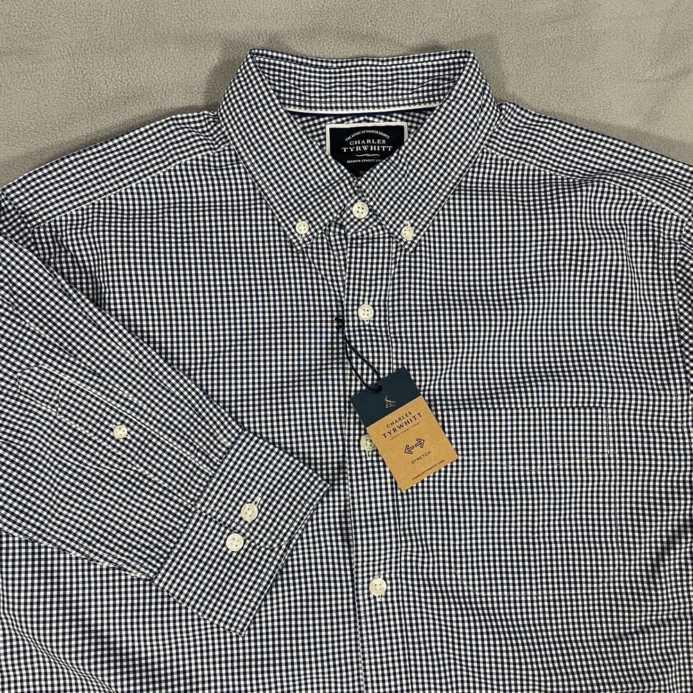 NWT Charles Tyrwhitt Men's Large Non-Iron Slim Fit Poplin Blue Gingham Shirt